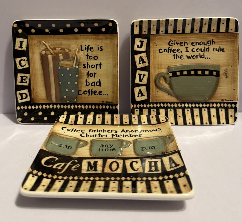 Set Of 4 Wall Ceramic Plates Donna Atkins Coffee Themed Penny Lane 4.5 x 4.5 in.